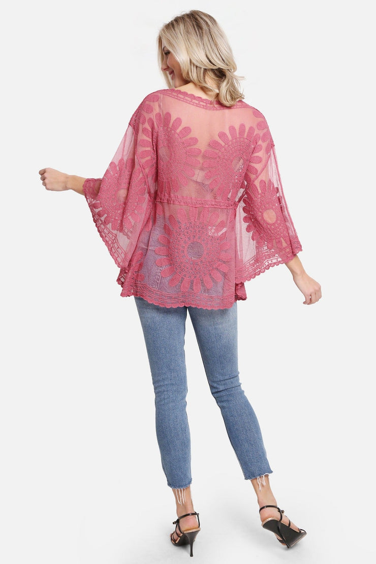 "Adele" Floral Pattern Short Lace Cover-Up W/ Tasseled Tie-Knot
