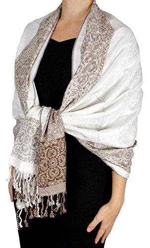 Cream and Taupe Peach Couture Exclusive Paisley Floral Border Reversible Pashmina Wrap Shawl