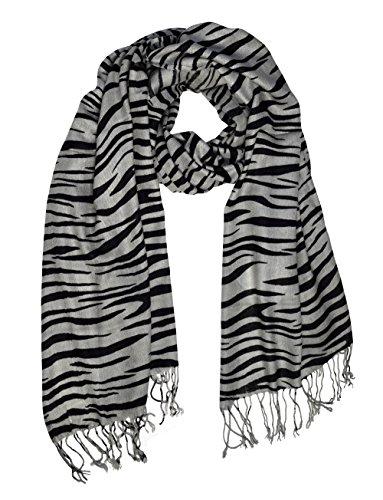 Grey and Black Peach Couture Fashionable Zebra Animal Print Frayed End Pashmina Shawl Wrap