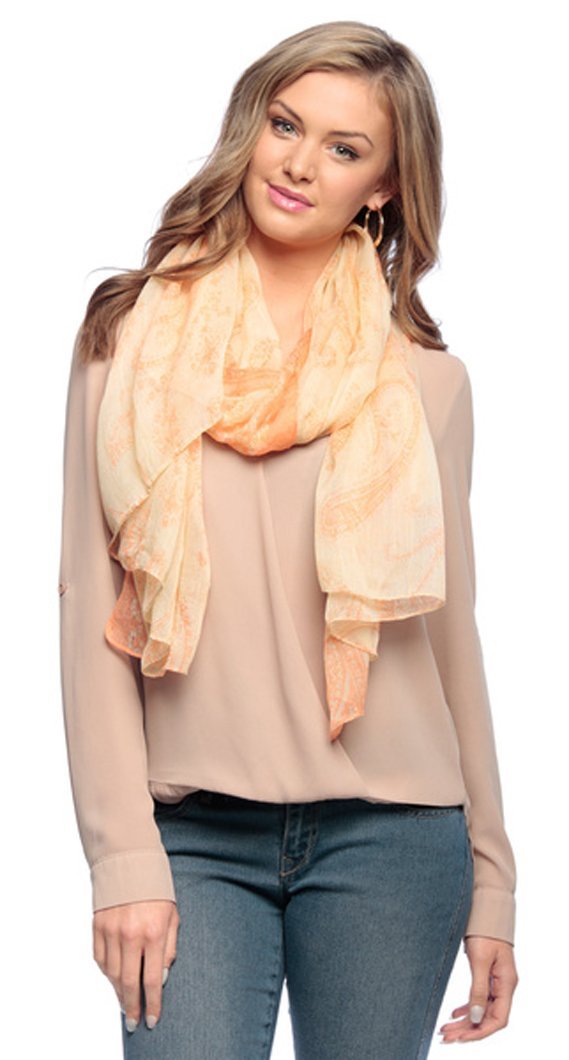 Peach Ivory Peach Couture Summer Fashion Light Weight Paisley Design Scarf Sarong Shawl Wrap