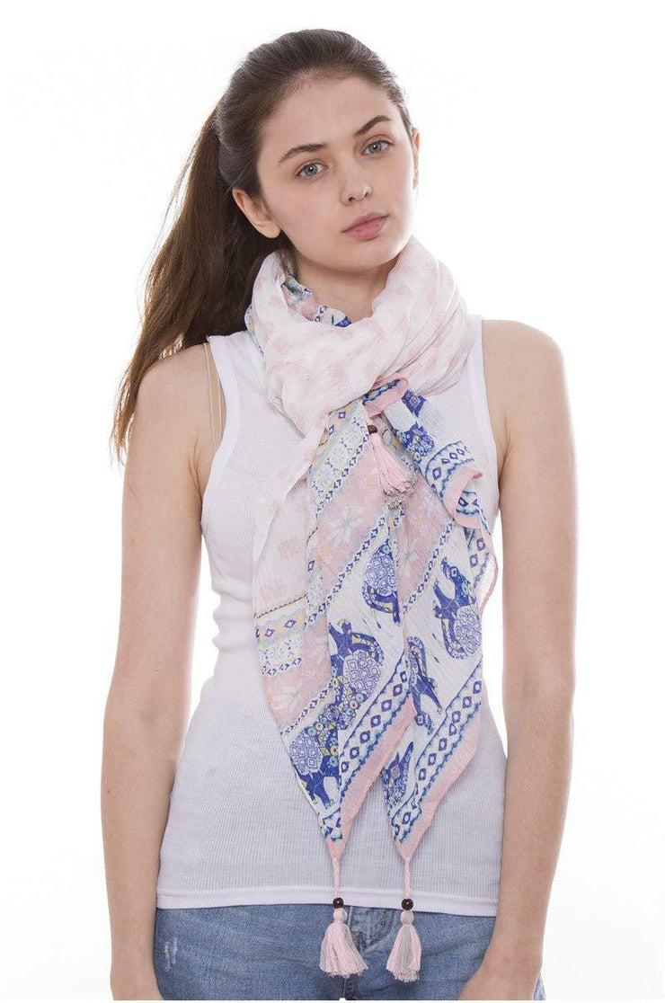 Pink Elephant Sheer Lightweight Color Block Scarf Shawl Wrap with Tassels