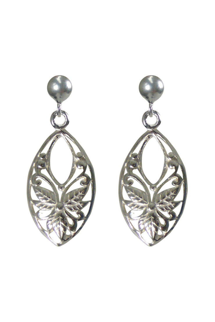 Oval Floral Leaf Sterling Silver Earrings