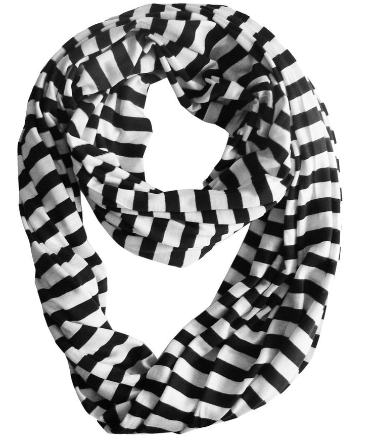 White and Black Peach Couture Lightweight Pure Cotton Striped Jersey Knit Infinity Loop Scarf