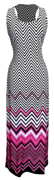 Womens Boho Maxi Striped Chevron Print Scoop Neck Tank Dress (Pink, Large)