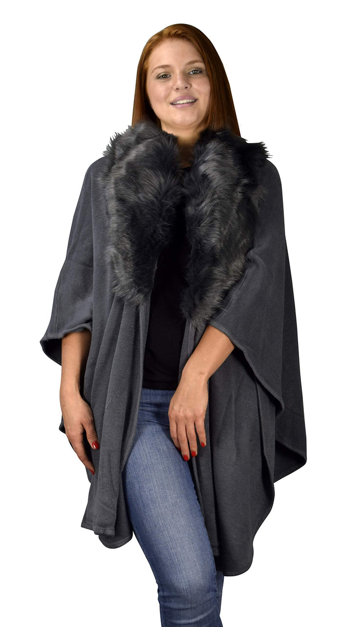 Womens Faux Fur Relaxed Fit Poncho Cape Pullover Sweater (One Size, Solid Gray)