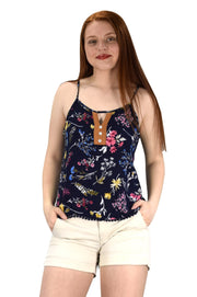 Sleeveless Spaghetti Strap Button Up Floral Print Summer Blouse Top