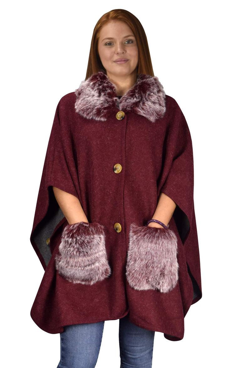 Faux Fur Large Pockets Relaxed Fit Pullover Warm Cover Up Poncho