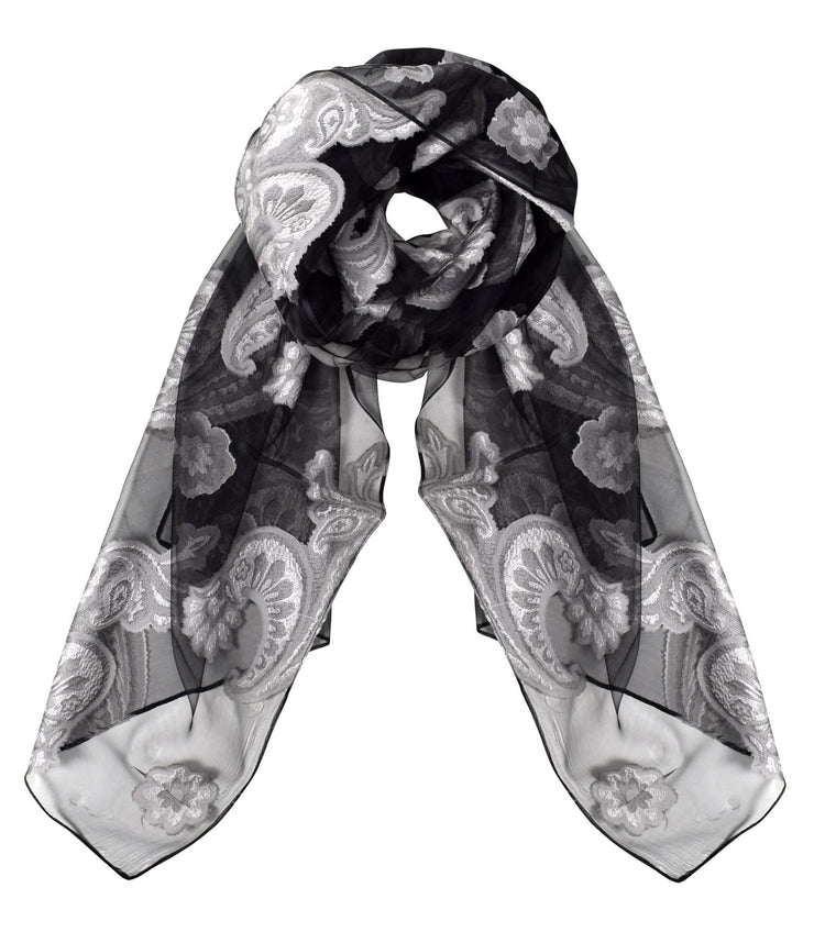 Paisley Black Grey Summer Fashion Lightweight Floral Embroidered Burnout Scarf