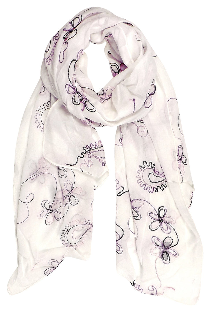 White Summer Fashion Blossom Embroidered Sheer Floral Scarf Wrap Shawl