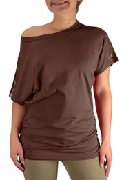 Womens Boat Neck Dolman Sleeve Side Shirring Sequin Shoulder Tops Brown X-Large