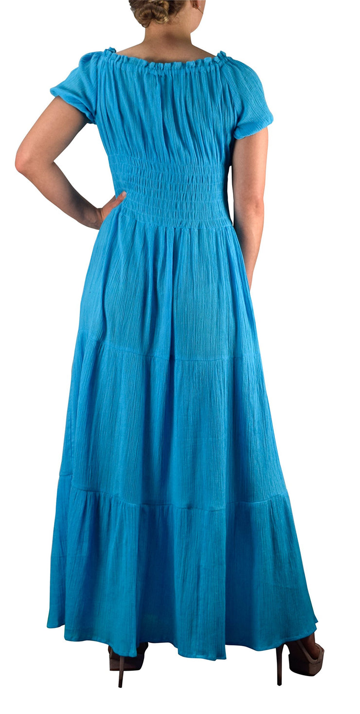 Gypsy Boho Cap Sleeves Smocked Waist Tiered Renaissance Maxi Dress (Medium, Turquoise)