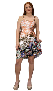 Women's Knee Length Multicolor Exotic Smocked Printed Summer Dress (Floral Coral Brown XL)
