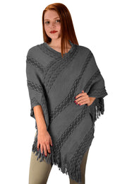 Peach Couture Retro Style Thick Knit Cozy Winter Poncho Sweater with Fringes