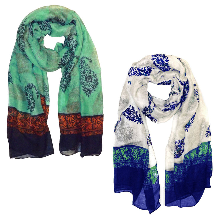 Mint and White/Blue Peach Couture All Season Tribal Flower graphic print Paisley Lightweight Scarf