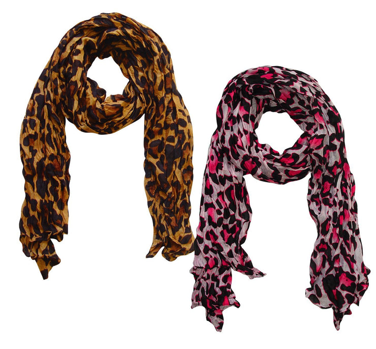 Fuchsia/Brown Peach Couture Trendy Women's Leopard Animal Print Crinkle Scarf wrap