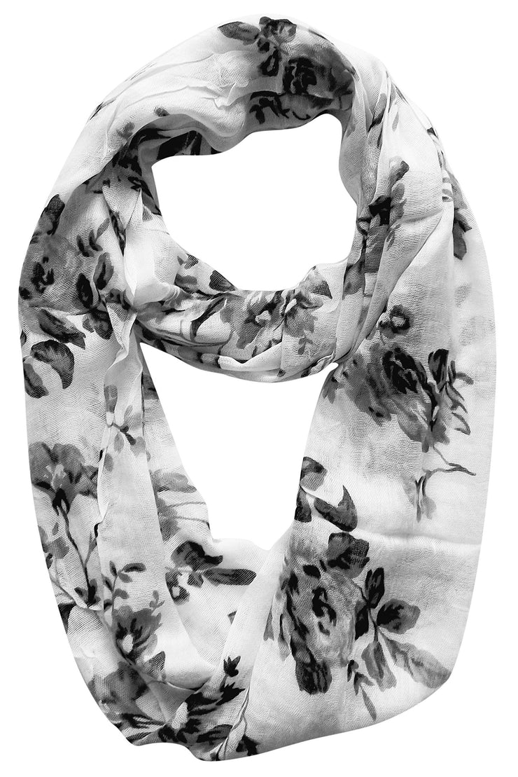 Grey Black Womens Soft Vintage Floral Print Sheer Infinity Loop Circle Scarf