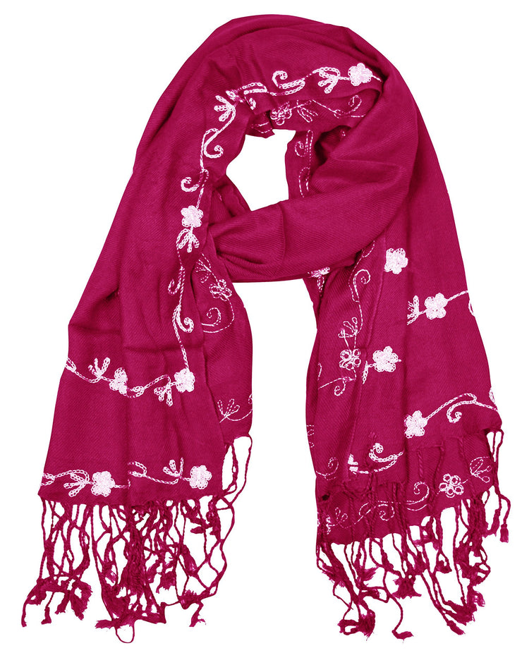 Fuschia Vintage Floral Hand Embroidered Pashmina Shawl Scarf