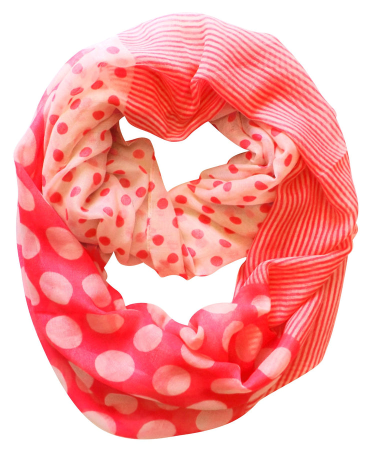 Pink and Cream Peach Couture Multi Polka Dot Circle and Stripe Print Infinity Loop Scarf