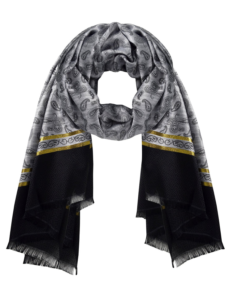 Gray Peach Couture Exclusive Silky Shiny Tribal Paisley Printed Fringe Scarf