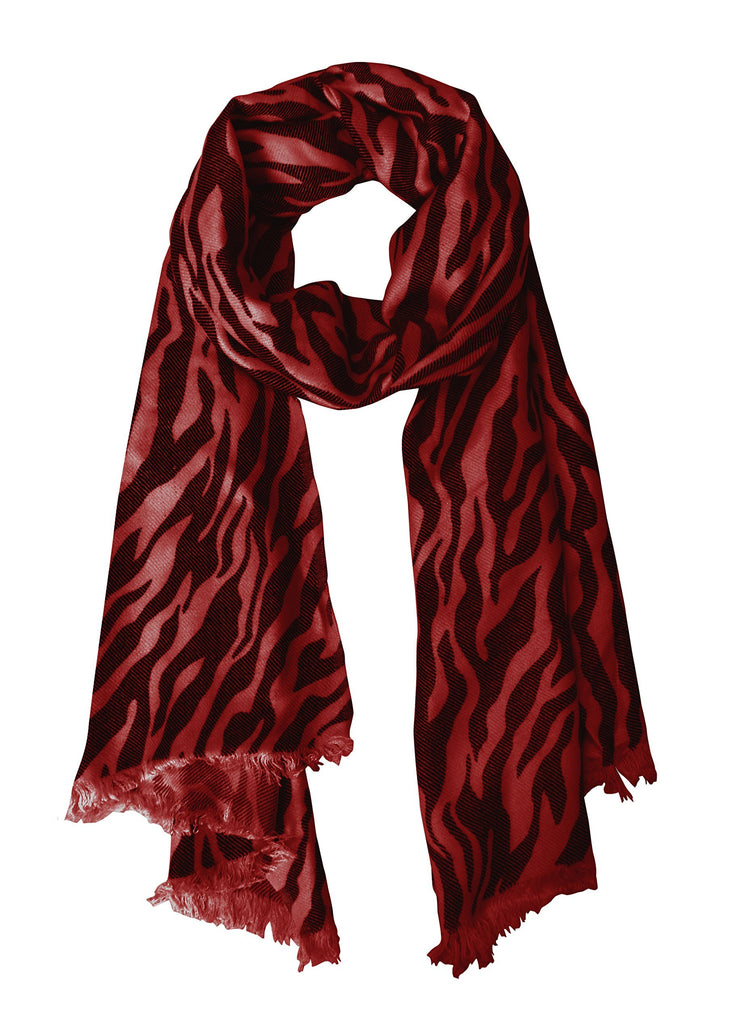 Red and Black Peach Couture Fashionable Zebra Animal Print Frayed End Pashmina Shawl Wrap