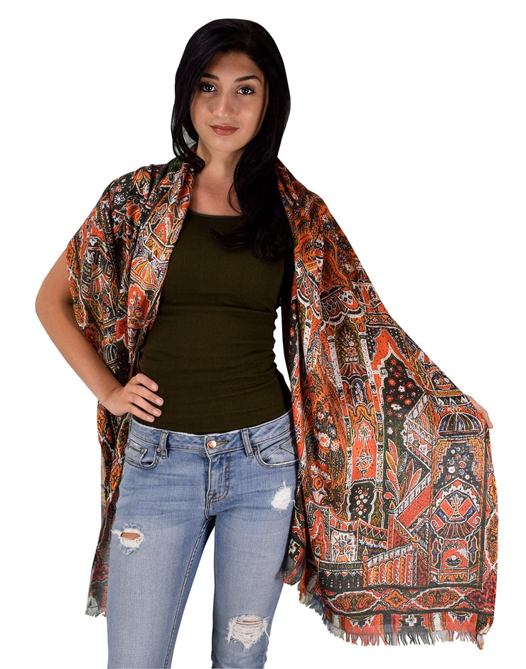 Orange Tribal Peach Couture Womens Soft Fashion Artistic Digital Print Long Scarf Wrap Shawl