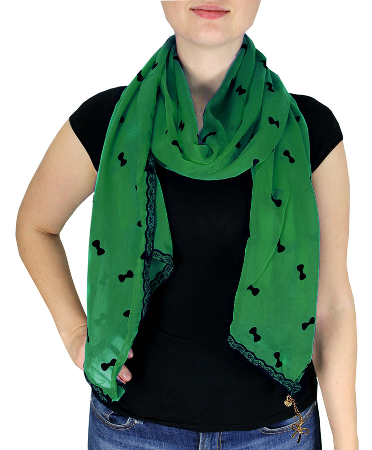 Classy & New Sheer Lace Border Wrap Scarf Stole with Gold Jewelry Charm (Green)