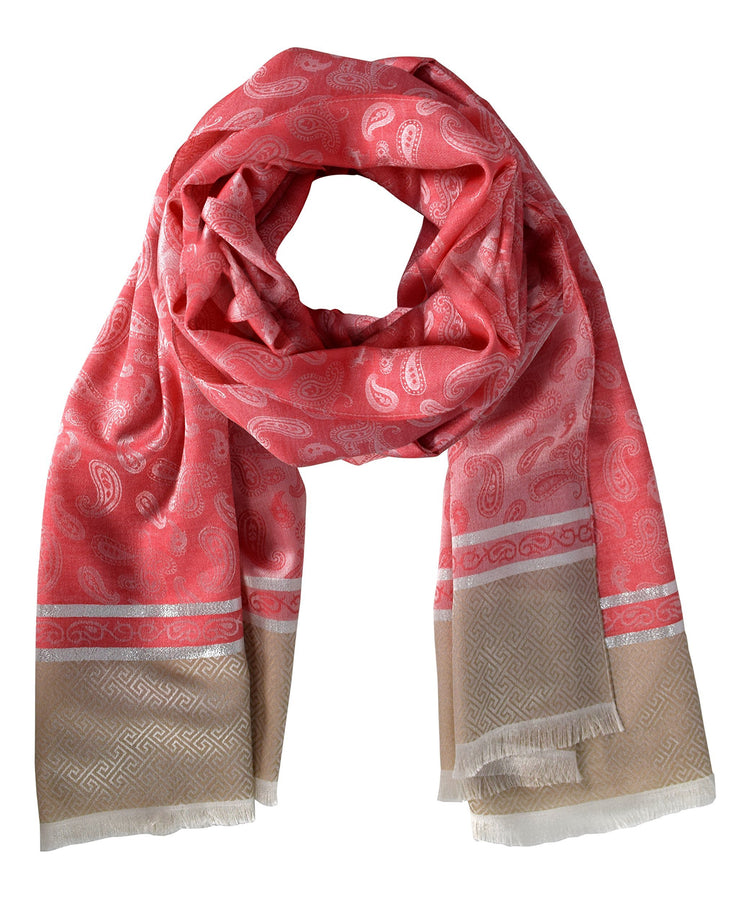 Coral Peach Couture Exclusive Silky Shiny Tribal Paisley Printed Fringe Scarf