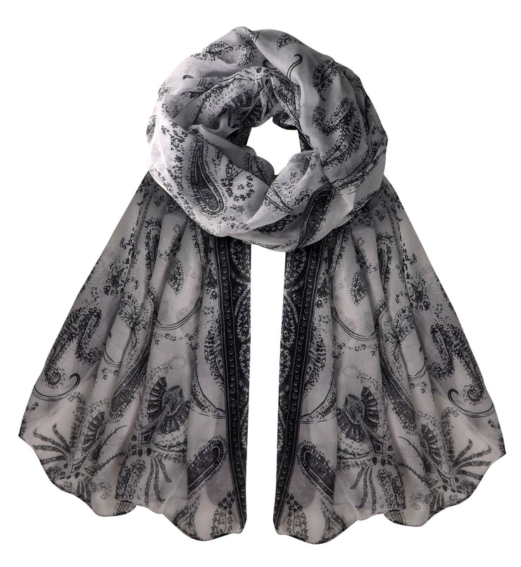 White Black Peach Couture Summer Fashion Light Weight Paisley Design Scarf Sarong Shawl Wrap