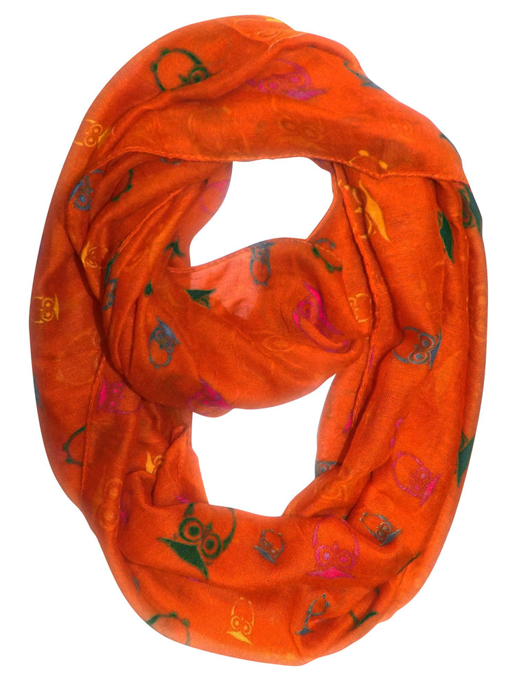 Orange Peach Couture Stunning Colorful Lightweight Vintage Owl Print Infinity Loop Scarf