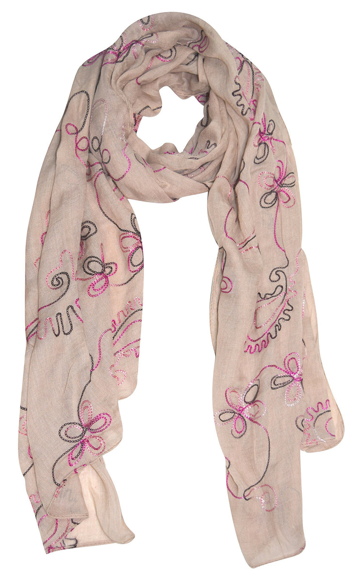 Tan Summer Fashion Blossom Embroidered Sheer Floral Scarf Wrap Shawl