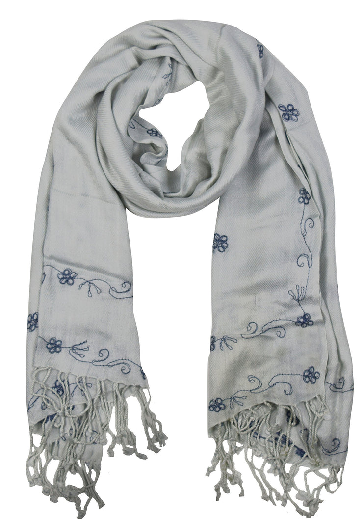 Iced Baby Blue Vintage Floral Hand Embroidered Pashmina Shawl Scarf