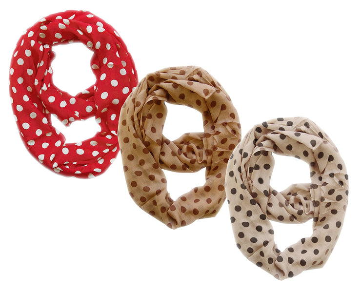 Red Taupe Cream Peach Couture Light and Sheer Polka Dot Circle Print Infinity Loop Scarf