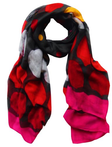 Playful modern multicolored polka dot scarf wrap and shawl in black and fuchsia.