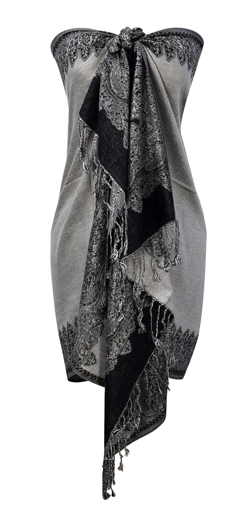 Ravishing reversible jacquard paisley shawl wrap pashmina in silver and black.