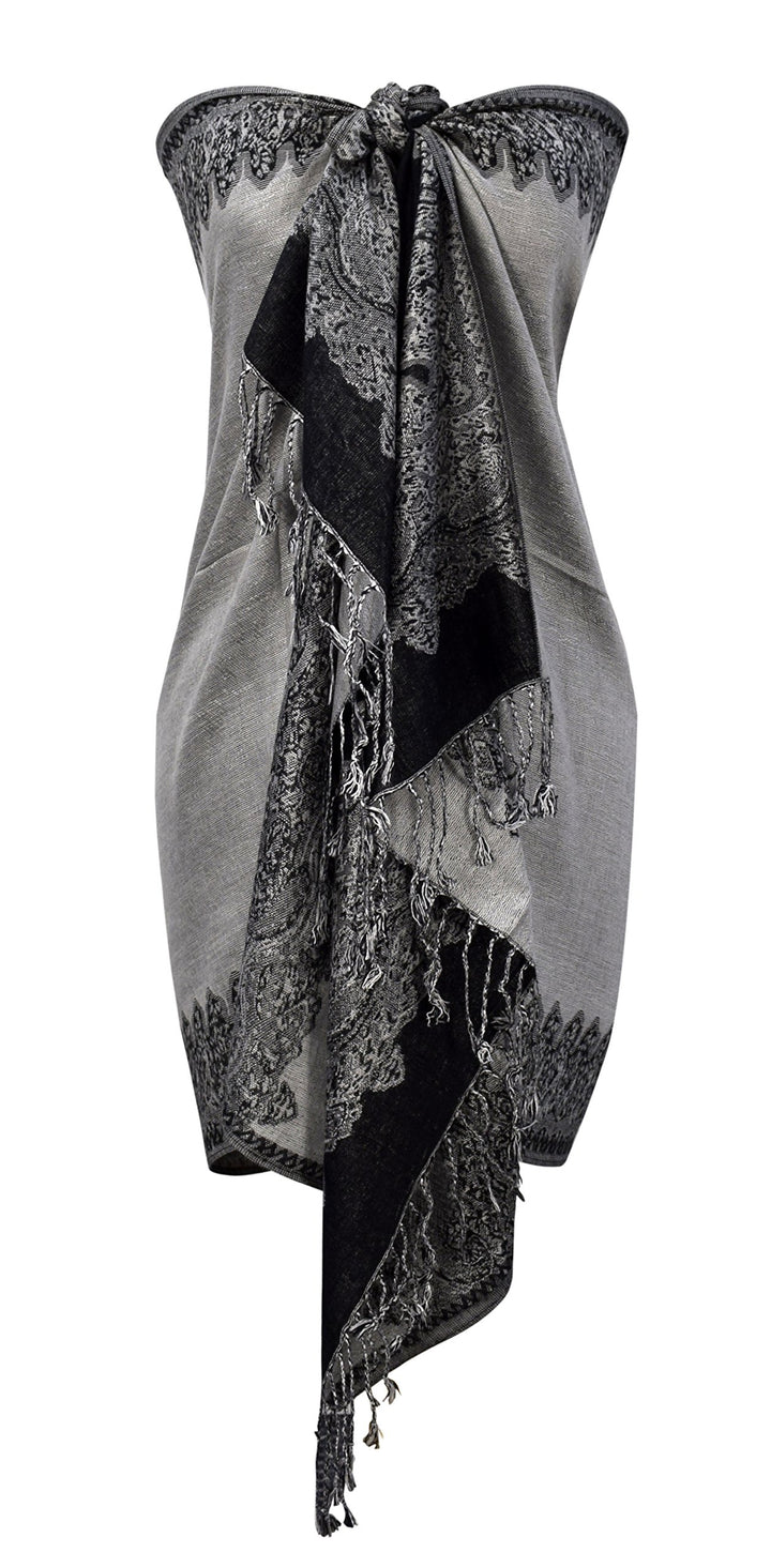 Ravishing reversible jacquard paisley shawl wrap pashmina in silver and black.