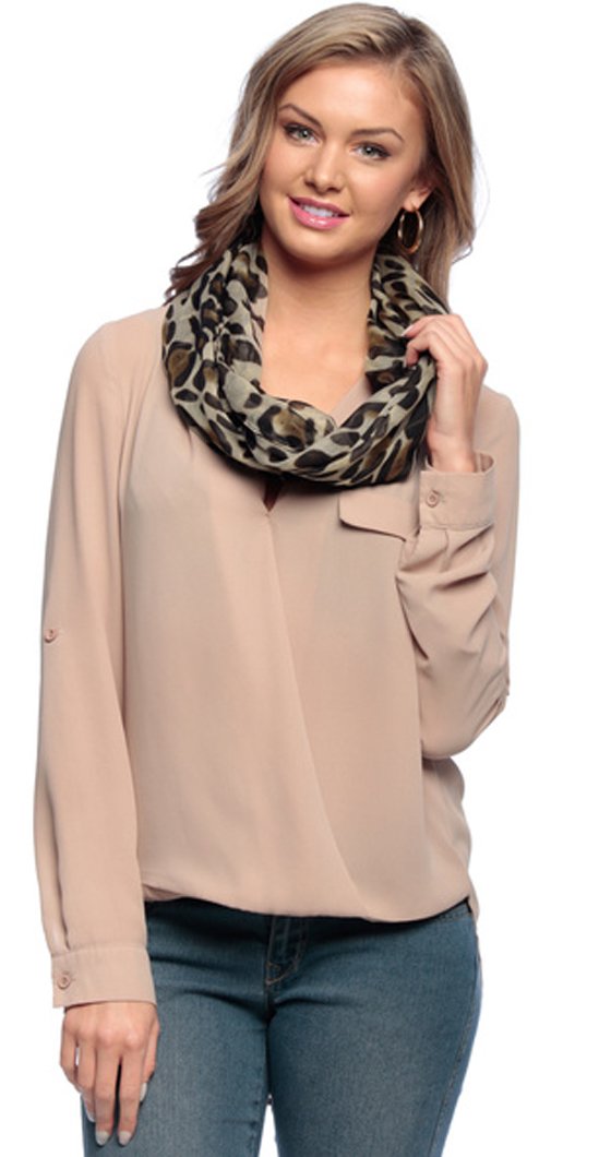 Retro fashion women's infinity loop scarf with a two-tone animal print pattern in tan