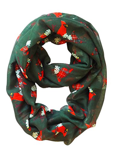 Vintage two-colored plaid infinity loop scarf with green bird print pattern for women