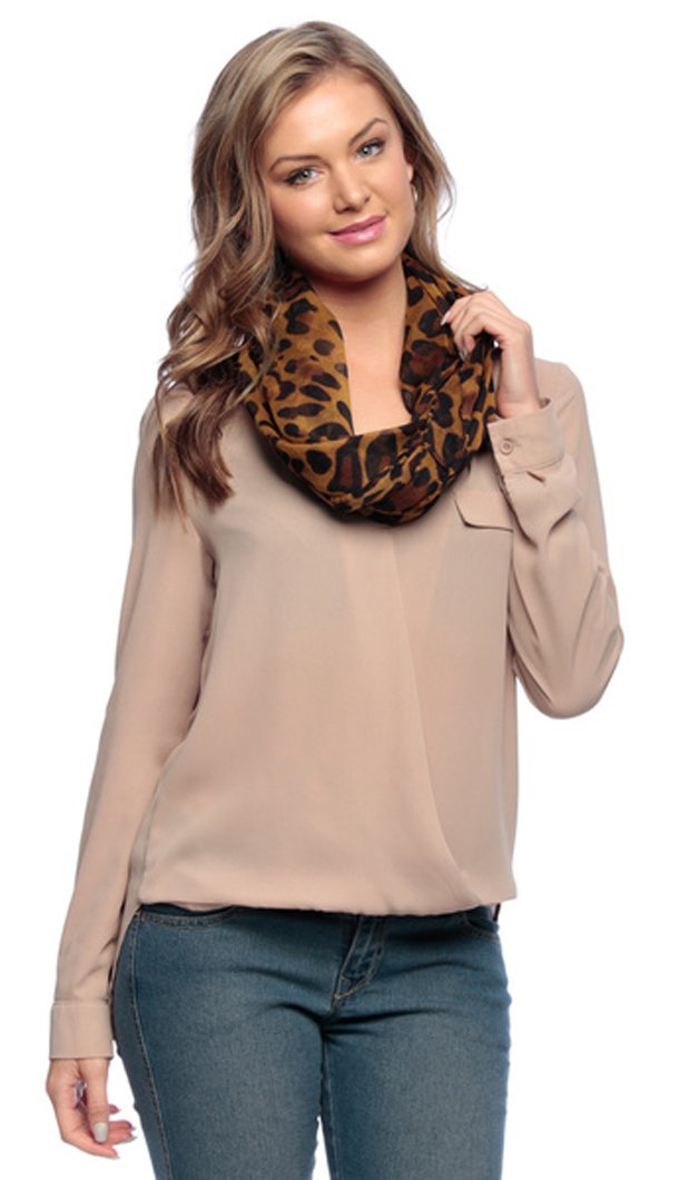 Two-tone brown animal print infinity loop scarf with a retro fashion design for women