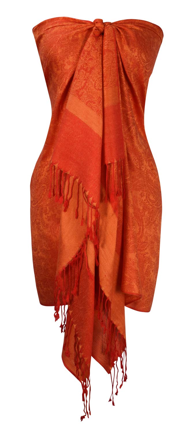 Elegant vintage two-color jacquard paisley pashmina shawl wrap in red and peach.