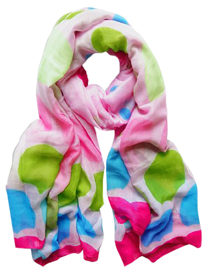Playful modern multicolored polka dot scarf wrap and shawl in lavender.