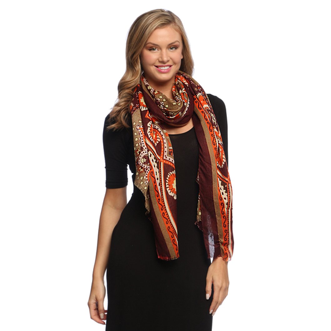 Lightweight Olive Purple Paisley Damask Floral Scarf