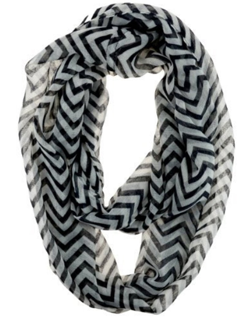 Beautiful Classic Lightweight Sheer Chevron Infinity Loop Scarf Black and White