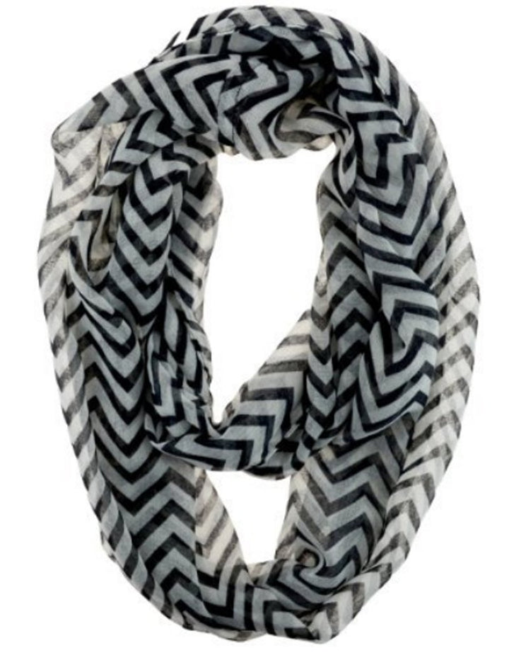 Beautiful Classic Lightweight Sheer Chevron Infinity Loop Scarf Black and White