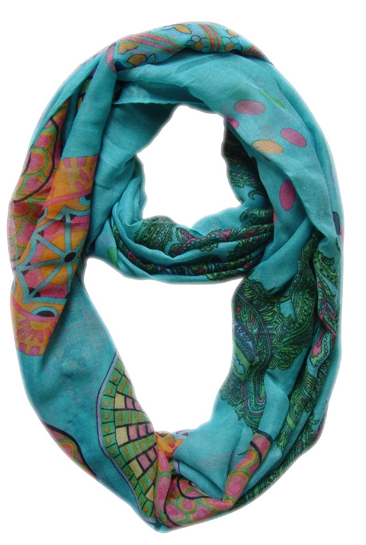 Vivid and Lively Lightweight Paisley Damask Infinity Loop Scarf (Aqua)