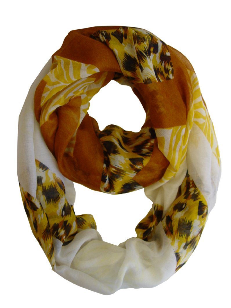 Yellow and brown wide chevron and mixed animal print infinity loop scarf for spring fashion