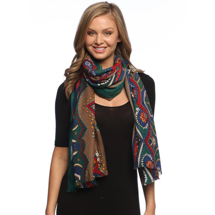 Lightweight Taupe Blue Green Paisley Damask Floral Scarf