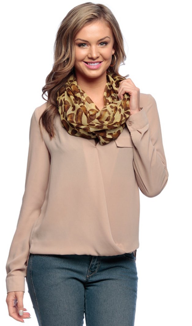 Women's retro two-tone animal print infinity loop scarf in rust and black.