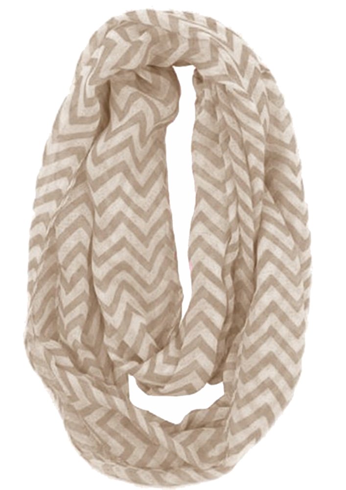 Beautiful Classic Lightweight Sheer Chevron Infinity Loop Scarf Tan and White
