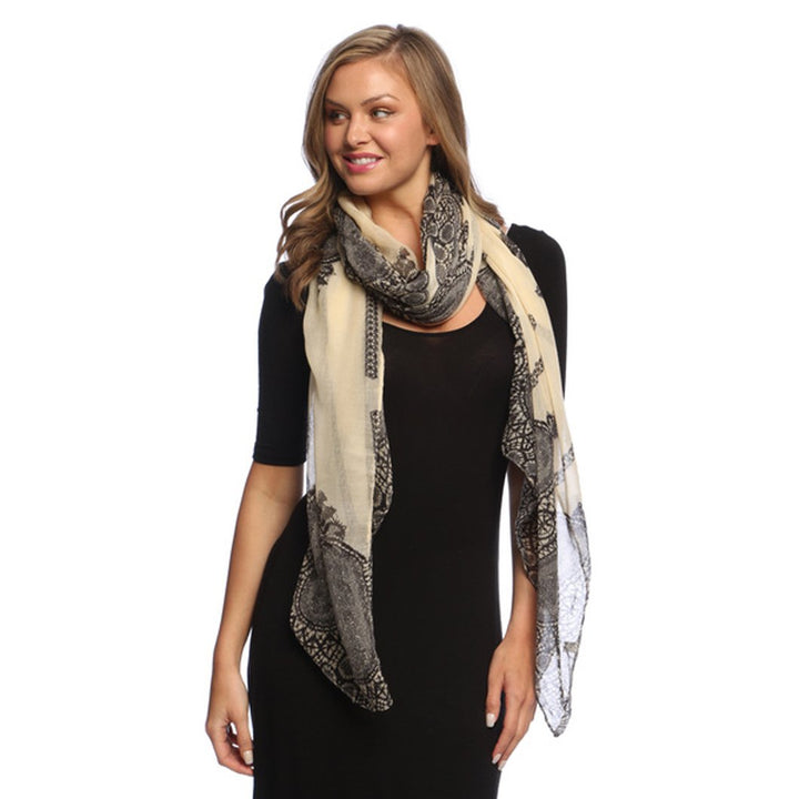 Lightweight Tan Paisley Damask Floral Scarf