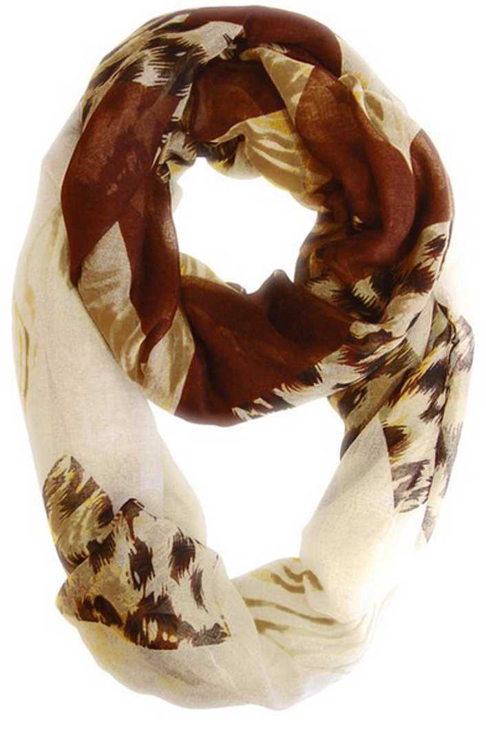 Brown and tan infinity loop scarf featuring mixed animal print and wide chevron design